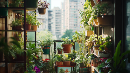 Lush urban balcony garden filled with vibrant plants, overlooking a cityscape during bright daytime hoursの素材