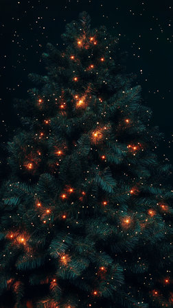 A beautifully adorned Christmas tree glowing with warm lights against a dark starry background during the festive seasonの素材
