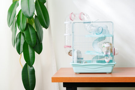 A vibrant hamster cage with wheels and accessories set against a backdrop of green leaves indoorsの写真素材