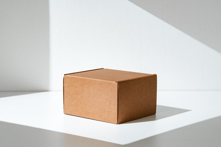 Simple brown cardboard box positioned on a white surface with soft angled shadows in natural light