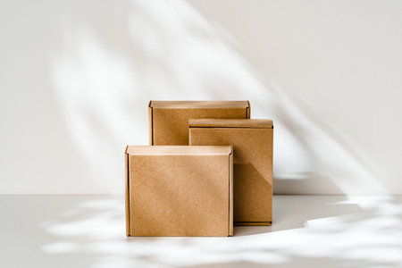 Freshly packed cardboard boxes resting on a white surface, illuminated by soft natural light