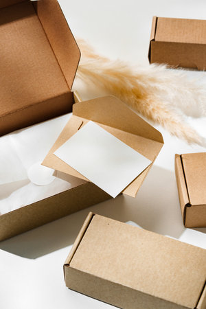 Delivery package with a blank envelope and decorative elements on a light backgroundの写真素材