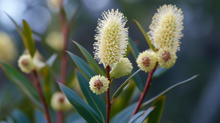 Beautiful yellow-green flowering plants with intricate blooms in a serene garden setting during the daytimeの素材
