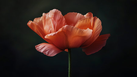 Delicate coral poppy blooming gracefully against a dark backdrop in a serene garden setting during the golden hour of late afternoonの素材