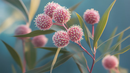 Close-up of pink flowers on slender branches against a soft blue background during early morning light in a tranquil gardenの素材
