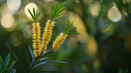 Bright yellow flowers bloom on slender branches, surrounded by lush green foliage in warm sunlight during a serene afternoonの素材