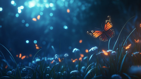 A magical evening scene with glowing butterflies dancing above a garden of vibrant flowers under a twilight skyの素材
