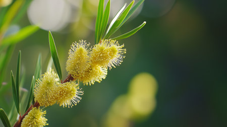 Delicate yellow flowers bloom on a vibrant green plant in a serene garden during the warm afternoon sunlightの素材