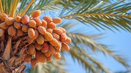 Ripening dates hanging from a palm tree under a clear blue sky in a warm tropical setting during late summerの素材