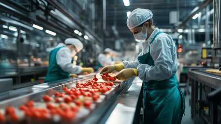Workers organizing fresh tomatoes in a busy food processing facility during the daytime shiftの素材