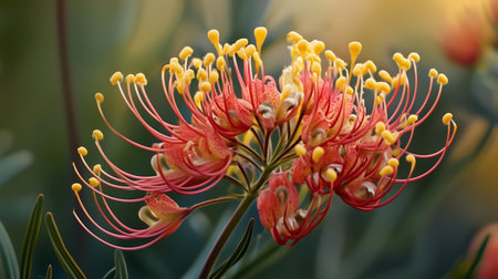 A striking grevillea flower blooms with vibrant red and yellow colors, showcasing intricate details during a sunny afternoon in a gardenの素材