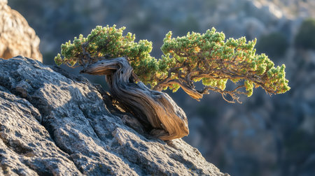 Bonsai tree grows resiliently on rocky terrain during golden hour lightingの素材