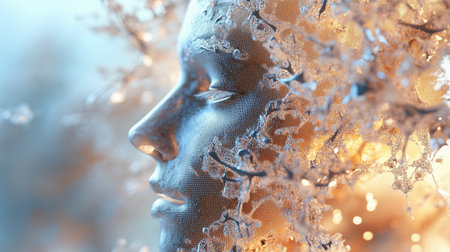 A human face intertwined with abstract ice elements, featuring intricate textures and ethereal lighting in a creative art sessionの素材