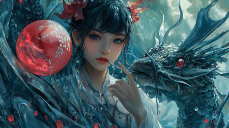 A serene moment with a mystical dragon and enchanting girl in a vibrant, dreamlike landscape surrounded by water and natures beautyの素材