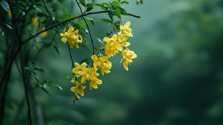 Beautiful yellow flowers blooming on branches in a misty forest during springtimeの素材
