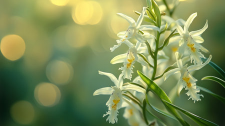 Delicate white orchids blooming in soft sunlight with a blurred green background, capturing the essence of springtime beautyの素材