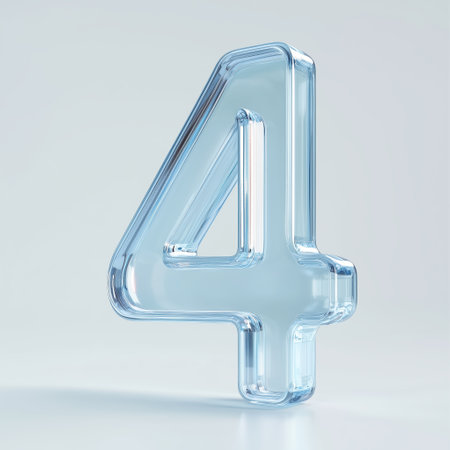 Transparent glass number four design displayed on a light background, creating a modern and artistic visual effectの素材