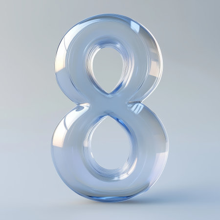 A clear glass number eight sculpture reflecting light against a soft, neutral background in a minimalistic settingの素材