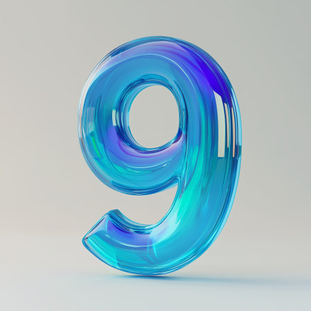 A large translucent blue number nine standing upright on a light background, showcasing a modern and artistic designの素材