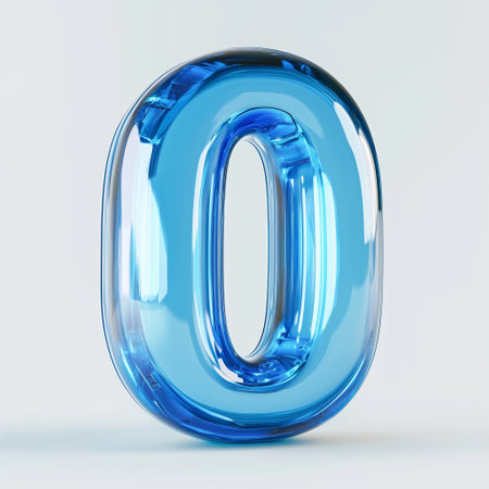 A vibrant blue glass numeral zero displaying modern design and captivating transparency on a soft backgroundの素材