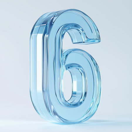 Translucent number six displayed artistically with a soft blue gradient background, emphasizing clarity and aesthetics in digital designの素材