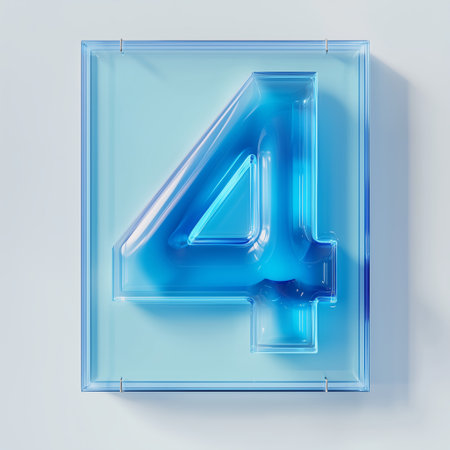 Stylish translucent blue number four displayed against a minimalist light backdrop, creating a modern aesthetic for various design contextsの素材