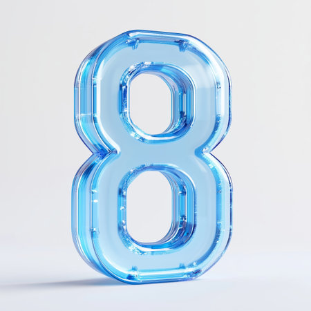 Transparent blue number eight displayed on a light background, showcasing contemporary design and vibrant colorの素材
