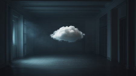 A solitary cloud floating in an empty, dimly lit room with dramatic shadows at duskの素材