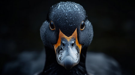 A close-up portrait of a cormorant displaying detailed features in a natural environment during early morning lightの素材