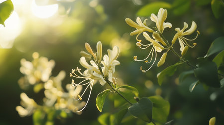 Delicate honeysuckle blossoms illuminated by soft sunlight in a lush garden during late springの素材