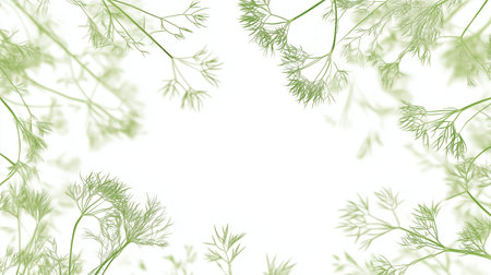 Delicate green plant branches frame a bright white background in a tranquil botanical compositionの素材