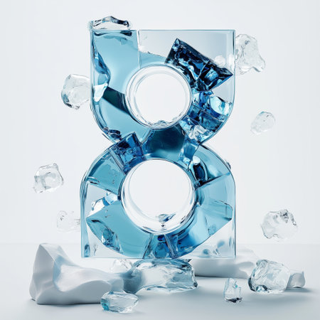 Colorful ice sculpture of the number eight with crystal clear details and fragments on a bright backgroundの素材