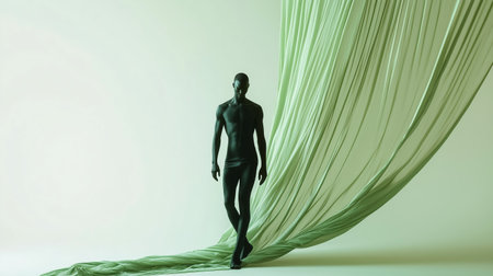 A model poses gracefully amidst flowing green fabric in a minimalistic setting, showcasing elegance and movement in artistic compositionの素材