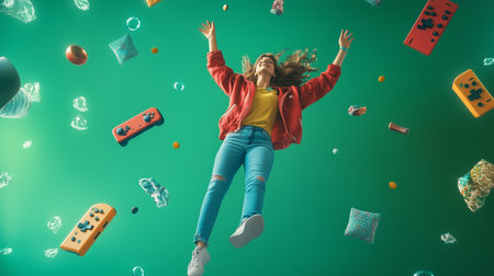 A young woman in casual attire enjoying a carefree moment, surrounded by floating gaming controllers and snacks against a vibrant green backgroundの素材