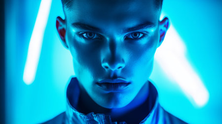 An expressive young model poses dramatically against a vibrant blue neon backdrop showcasing a contemporary urban aestheticの素材