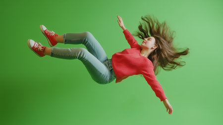A young woman in a red sweater and jeans appears to float above a vibrant green background, mid-air in an artistic poseの素材