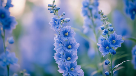 Beautiful blue delphinium flowers blooming in a lush garden during springtime, capturing the essence of natures vibrant paletteの素材