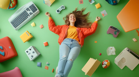 Enthusiastic girl enjoying retro gaming accessories while lying on colorful floor surrounded by various gaming consoles and toysの素材