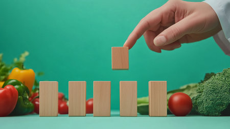 A hand places a wooden block above fresh vegetables on a turquoise background in a modern kitchen settingの素材