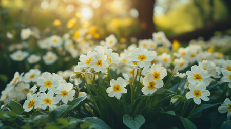 Vibrant white flowers with yellow centers blooming in a sunlit garden during springtime in a serene outdoor settingの素材