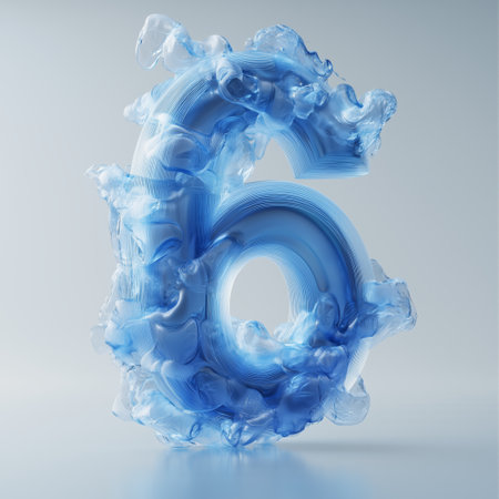 Artistic rendering of the number six in swirling blue hues, showcasing fluid dynamics and abstract design elementsの素材