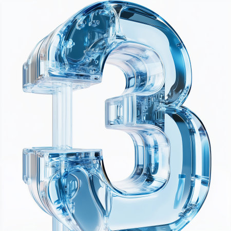 Clear blue number three sculpture reflecting modern design in a minimalist settingの素材