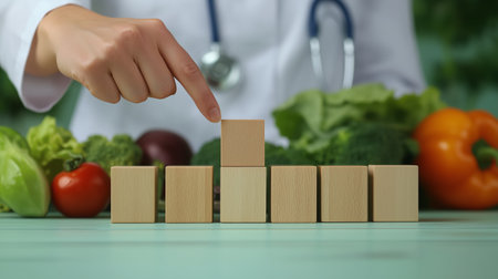 A healthcare professional arranging wooden blocks among fresh vegetables in a kitchen environment during a wellness consultationの素材