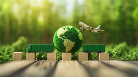 A model of a green globe with trucks and an airplane emphasizing sustainable transportation in a natural settingの素材