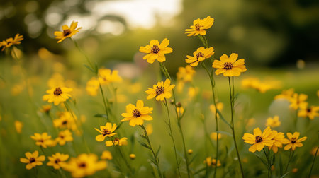 Vibrant yellow flowers blooming in a sunlit meadow during a serene afternoon in late springの素材