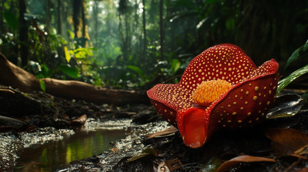 A vibrant red flower blooms beside a tranquil stream in a lush tropical forest during early morning lightの素材