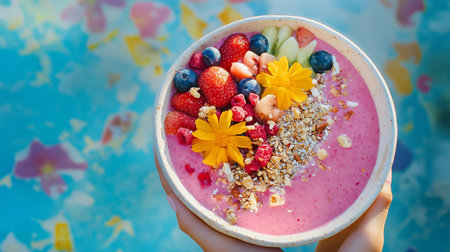 Colorful smoothie bowl topped with fresh fruits and granola beside a sparkling pool on a sunny dayの素材