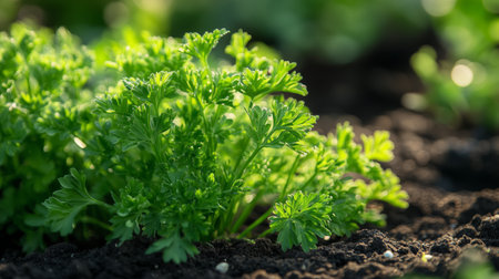 Fresh green parsley growing in soil during the warm afternoon sunlight in a vibrant gardenの素材