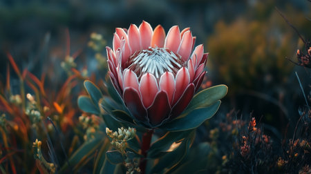 A vibrant protea flower blooms among diverse vegetation in a peaceful natural setting during early morning lightの素材