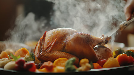 A chef carving a delicious roasted turkey surrounded by colorful vegetables and herbs in a cozy kitchen setting during a festive mealの素材